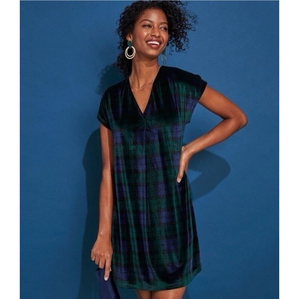 Vineyard Vines Sz XXL Green Navy Plaid Velvet V-Neck Cap Sleeve Shift Dress NWOT
